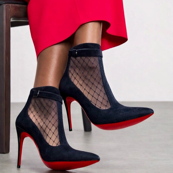 Christian Louboutin Shoes - Christian Louboutin "Resillissima 100" Lace Net Stiletto Buckle Suede Heels